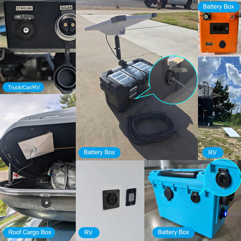 Collage of IP67 Waterproof Pass Through Power Port Mounts for RVs and marine installations, shown with battery boxes and connections.