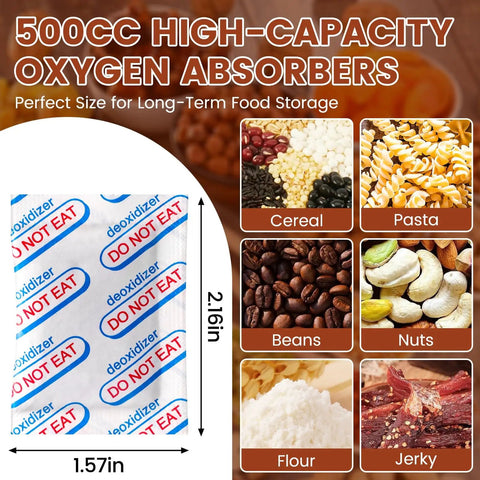 500cc Food Grade Oxygen Absorbers With Indicator, 10 Vacuum Sealed Packs For Long Term Storage In Mylar Bags, Canning Jars And Freeze Dryer Storage, 400 Count Supply Of 500cc Packets For Pantry Staples Like Grains And Flour.