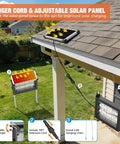 Cordless Outdoor Solar Bug Zapper With 4500V Grid Waterproof Mosquito Killer Rechargeable Solar Panel Sensor Auto On Off No Fuss 10ft Extension Cord Powers Patio Yard Garden installed on roof with solar panel and extension cord.