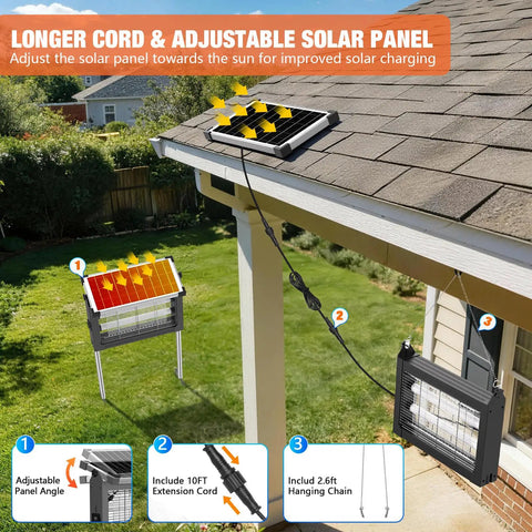 Cordless Outdoor Solar Bug Zapper With 4500V Grid Waterproof Mosquito Killer Rechargeable Solar Panel Sensor Auto On Off No Fuss 10ft Extension Cord Powers Patio Yard Garden installed on roof with solar panel and extension cord.