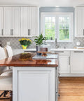 Matte Black Square Cabinet Handles 30 Pack Stainless Steel Pulls For Kitchen And Drawers installed on white kitchen cabinets.