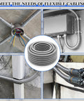 1.25 Inch By 50 Foot Galvanized Steel Flexible Conduit for outdoor electrical wiring, showing installations in various settings.