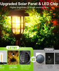 Eight Pack Solar Pathway Lights Outdoor IP65 Waterproof Auto On Off Garden Landscape Lighting with bright LED next to foliage.