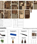 Components of Cozy Corner Tavern Book Nook Kit With LED Lights For Adults DIY Miniature Dollhouse Puzzle In 3D Wood Craft.