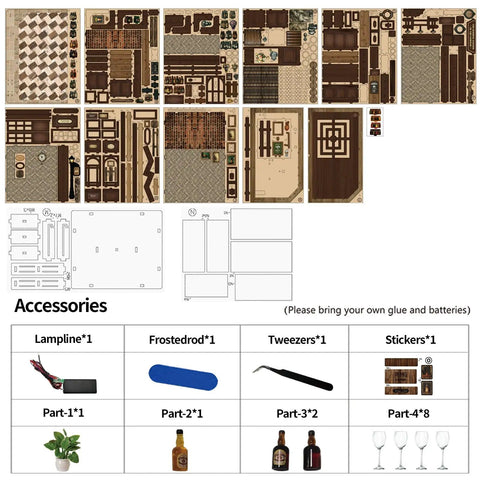 Components of Cozy Corner Tavern Book Nook Kit With LED Lights For Adults DIY Miniature Dollhouse Puzzle In 3D Wood Craft.