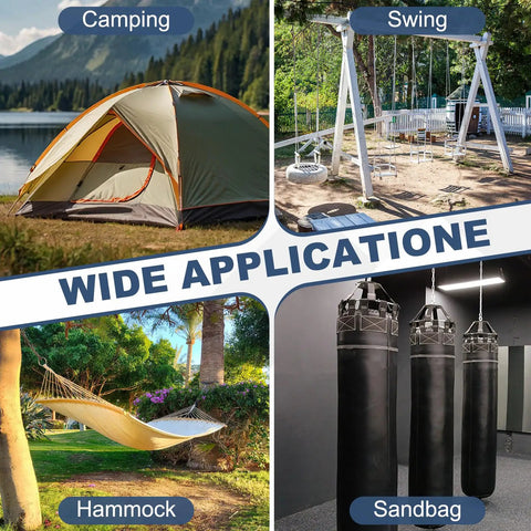 Tent, swing, hammock, and sandbags showcasing wide application of M8 X 30mm Eye Bolt Set Four Pcs 304 Stainless Steel Threaded Shoulder Eyebolts.