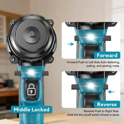 Close-up of 3 In 1 Cordless Rivet Nut Drill Gun controls showing forward, reverse, and locked modes.
