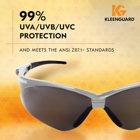Nemesis Safety Glasses Smoke Anti Fog Lenses with Silver Frame showcasing 99% UVA/UVB/UVC protection