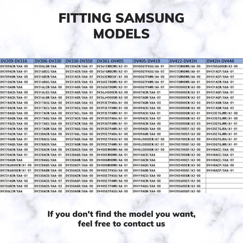 Table listing Samsung dryer models compatible with Upgraded Dryer Repair Kit With Roller, Idler Pulley And Belt.