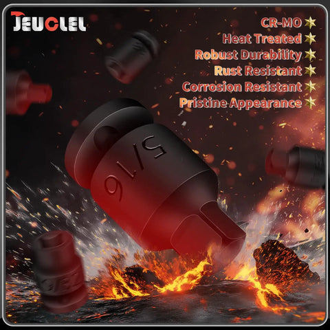 11 Piece Three Eighths Inch Drive Impact Socket Set With SAE Pipe Plug Sockets, Premium Chromium Molybdenum Steel on fiery background
