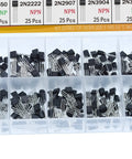 Pro Grade BJT Transistor Kit 250 Piece NPN PNP Assortment in TO92 Package with labeled compartments.