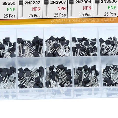 Pro Grade BJT Transistor Kit 250 Piece NPN PNP Assortment in TO92 Package with labeled compartments.