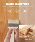 Hand painting wood with water-based paint, showing natural wood texture and labeled as solid wood.