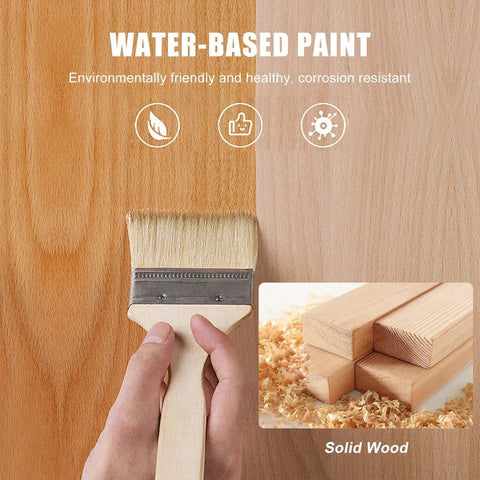 Hand painting wood with water-based paint, showing natural wood texture and labeled as solid wood.