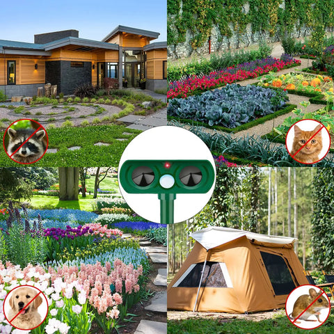 Motion Activated Solar Ultrasonic Outdoor Animal Deterrent With PIR Sensor Waterproof Yard Guard green plastic stakes in garden