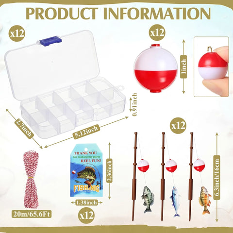 Gone Fishing Party Favors Kit with 12 candy tackle boxes, 12 mini fishing rod picks, 12 red white floats, cards, and rope decor diagram