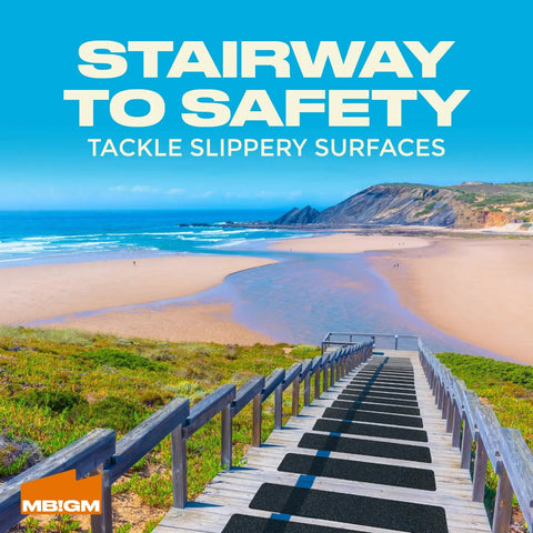 Stairway with Eight Pack 24 By 6 Inch Pre Cut Stair Treads With 80 Grit Aluminum Oxide Traction Pad leading to a beach.