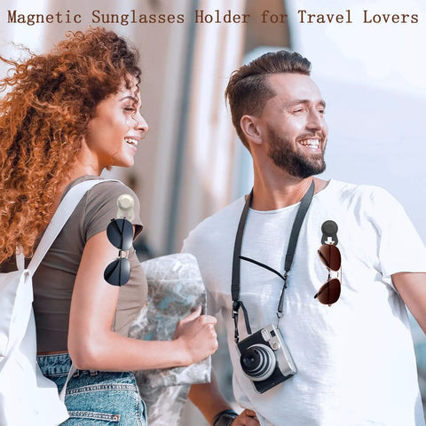 Secure Eyeglass Holder Clip For Clothes That Keeps Your Glasses From Dropping Or Getting Misplaced Or Scratched In The Office, Classroom, Or Outdoors, A Practical Glasses Accessory For Busy Pros displayed on two people walking outdoors wearing clips with sunglasses attached.