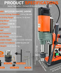 Heavy Duty Magnetic Drill Press 1400W With Solid Copper Motor For Extreme Power with specifications on display.