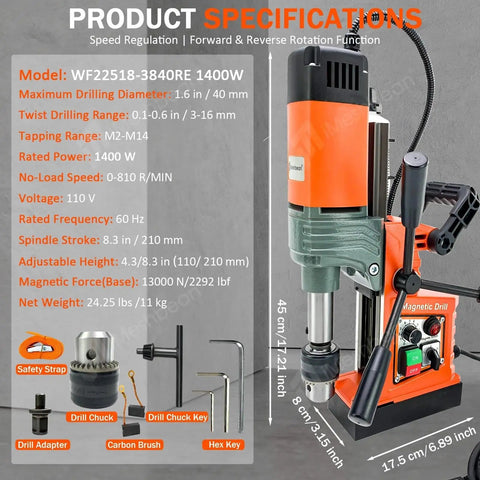 Heavy Duty Magnetic Drill Press 1400W With Solid Copper Motor For Extreme Power with specifications on display.