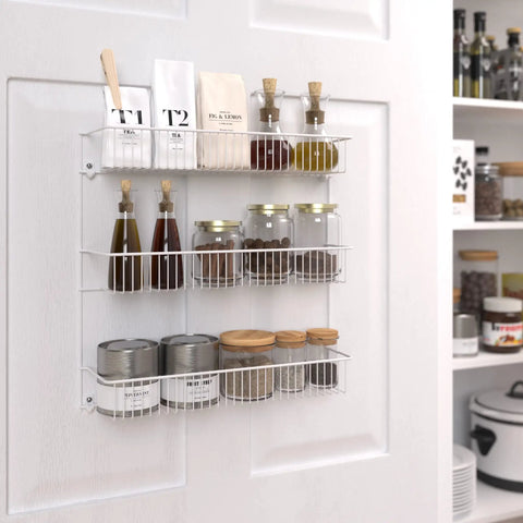 Top Shelf 3 Tier Wall Mounted Metal Rack For Kitchen Pantry Organization Keeps Your Space Slick With Rock Solid Storage For Cans Cleaners And Toiletries In A Clean White Build, featuring jars and bottles.
