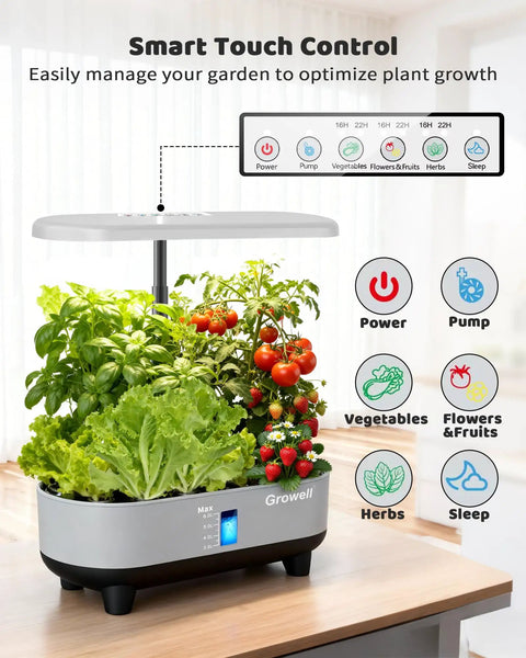 Vertical Hydroponics Growing System With 16 Pods, LED Grow Light, Smart Water Circulation, herbs and vegetables visible