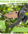 Effortless 8.5 Inch Bypass Pruning Shears With Die Cast Aluminum Handle, Sharp SK5 Blade, Nonstick Coating for precise cutting.
