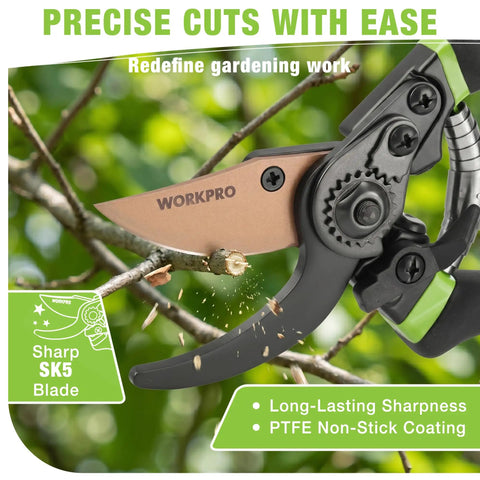 Effortless 8.5 Inch Bypass Pruning Shears With Die Cast Aluminum Handle, Sharp SK5 Blade, Nonstick Coating for precise cutting.