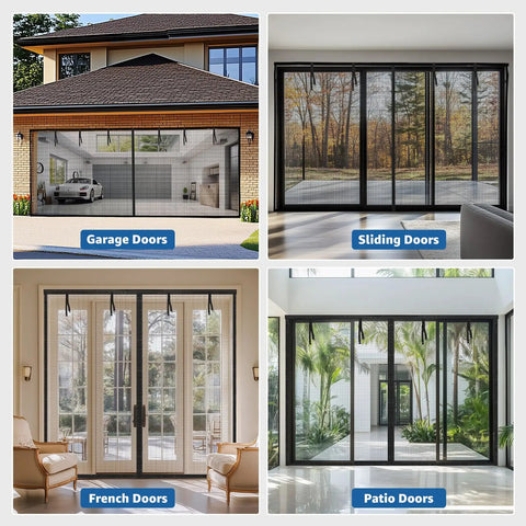 Collage of garage doors, sliding doors, French doors, and patio doors in home settings.
