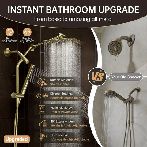 Top Grade 10 Inch Brushed Gold Rainfall Shower Head With Adjustable Handheld Sprayer Heavy Duty All Metal Build Smooth High Pressure Flow Zero Fluff Bathroom Upgrade
