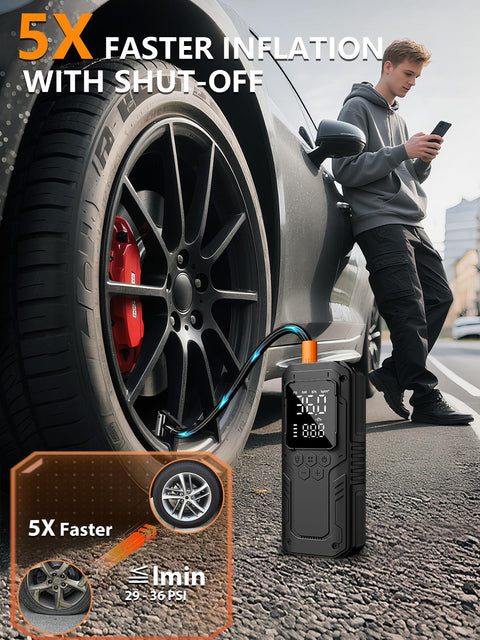 Cordless Tire Inflator Portable Air Compressor With Autostop 150 PSI 12V DC Car Tire Pump Rapid Inflation in use