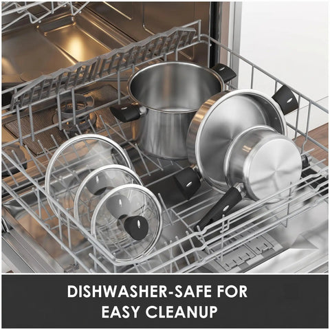Stainless Steel Pots And Pans Set 6 Piece Non Toxic Cookware With Glass Lids induction compatible shown in dishwasher