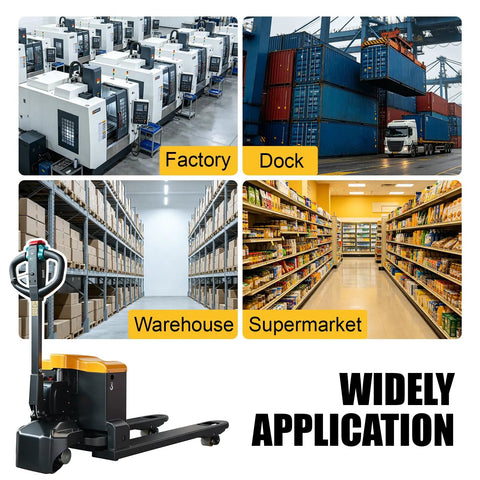 Heavy-Duty 4400 Lb Full Electric Pallet Jack With 48 Inch Forks Perfect For Moving Big Loads In Warehouses And Loading Docks Like A Pro showcased in factory, dock, warehouse, and supermarket settings.