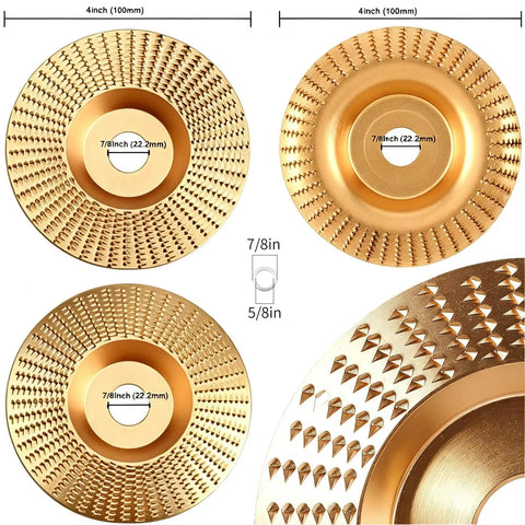 Three Piece Tungsten Carbide Wood Carving Disc Set For Your Angle Grinders With Polishing Pad Fits Four And A Half To Five Inch Grinders Seven Eighth Inch Arbor Includes Vibration Dampening Gaskets For Smooth Cutting Sanding And Shaping 4-inch 7/8in discs