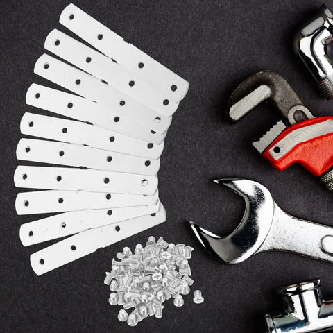Sturdy Stainless Steel Corner Braces Set, 10pcs Metal Brackets With Screws For Wood Projects shown with tools on black background