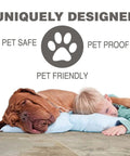 Child and dog resting on pillow, text highlighting pet-friendly, pet-safe, and pet-proof features.