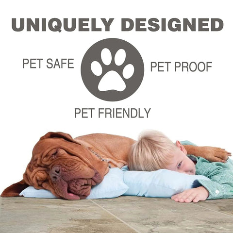 Child and dog resting on pillow, text highlighting pet-friendly, pet-safe, and pet-proof features.