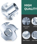 50 Piece 3/8-16 Tee Nuts Zinc Plated Steel Fasteners featuring four prongs shown from multiple angles highlighting their design.