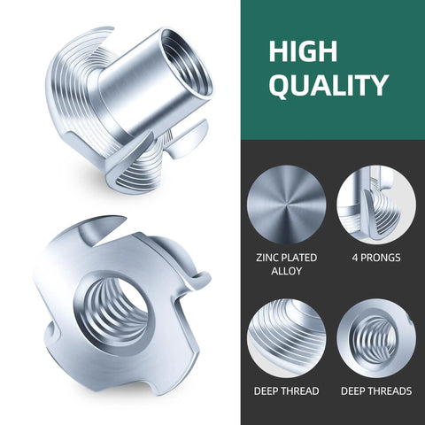 50 Piece 3/8-16 Tee Nuts Zinc Plated Steel Fasteners featuring four prongs shown from multiple angles highlighting their design.