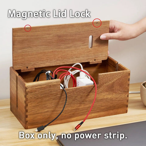 Acacia Wood Cable Management Box With Magnetic Lid And Ventilation For Power Strips, TV Wires, And Desk Or Floor Cables