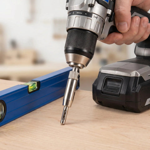 Close-up of a cordless drill with a self-centering bit, used for installing doors. Get Your Hinge Drilling Game Strong With This 4Pc Self Centering Drill Bit Kit Perfect For Precision Window And Door Installations Or DIY Cabinet Repairs Made Easy For Pros And Homeowners alike to nail every hole on the first try.