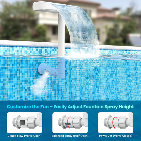 Dual Spray Waterfall Pool Fountain for Above Ground and In Ground Pools, adjustable water flow, installed on pool edge.