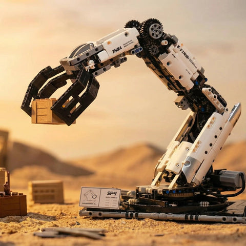 Side view of STEM remote-control robotic arm building kit in white and black lifting a brown crate.