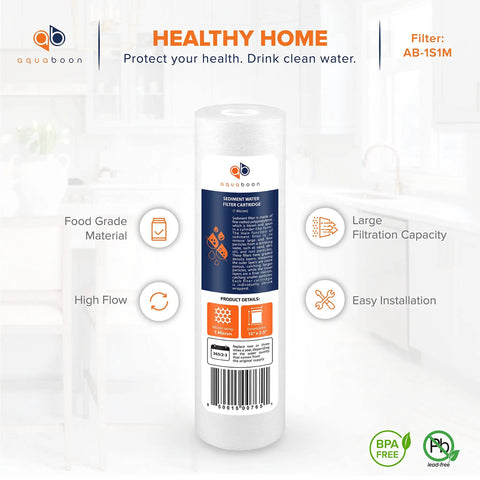 10 Inch By 2.5 Inch Sediment Filter Cartridge For Whole House And Reverse Osmosis Systems 1 Micron No Nonsense Pro Grade Filtration Easy Install Compatible With Culligan P1 Pentek P1 PD-1-934 P5 AP110 WFPFC5002 CFS110 RS14 WHKF-GD05 4 Pack shown with food grade material label.