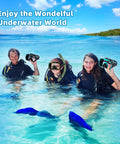 Three adults in water holding 180 Degree Panoramic Swim Mask With Anti Fog Tempered Glass Lens And Dry Top Snorkel Kit