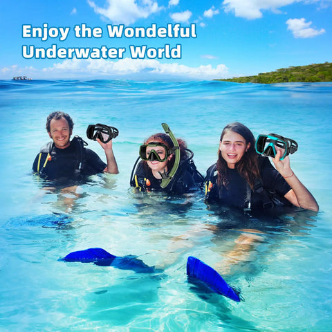 Three adults in water holding 180 Degree Panoramic Swim Mask With Anti Fog Tempered Glass Lens And Dry Top Snorkel Kit