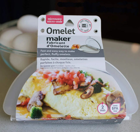 Microwave Omelet Maker For 3 Eggs, Nonstick Breakfast Cooker packaging on kitchen counter with eggs in background