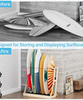 Easy Assembly Wooden Surfboard Rack For Six Boards With Foam Padding And Elastic Safety Straps in garage before and after setup