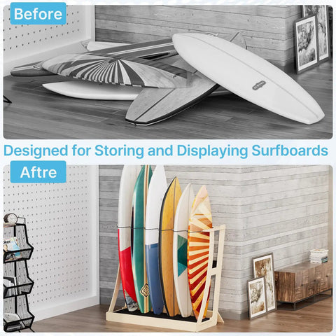 Easy Assembly Wooden Surfboard Rack For Six Boards With Foam Padding And Elastic Safety Straps in garage before and after setup
