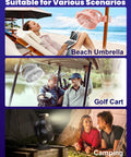 Rechargeable Clip On Fan 10000mAh, 8 Inch Portable Desk And Bedside Fan shown for beach, golf cart, and camping.